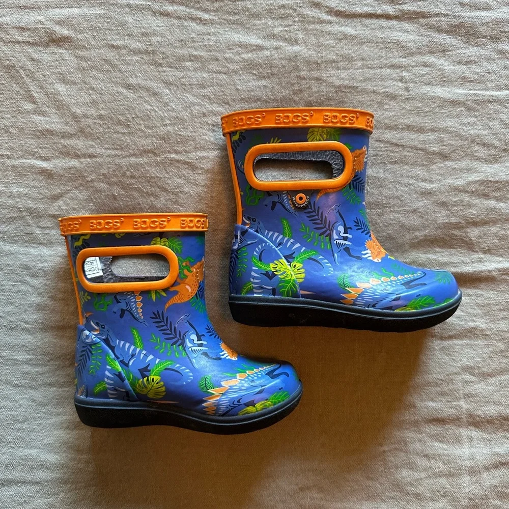 Bogs Kids Blue Orange Dinosaur Print Rain Boots